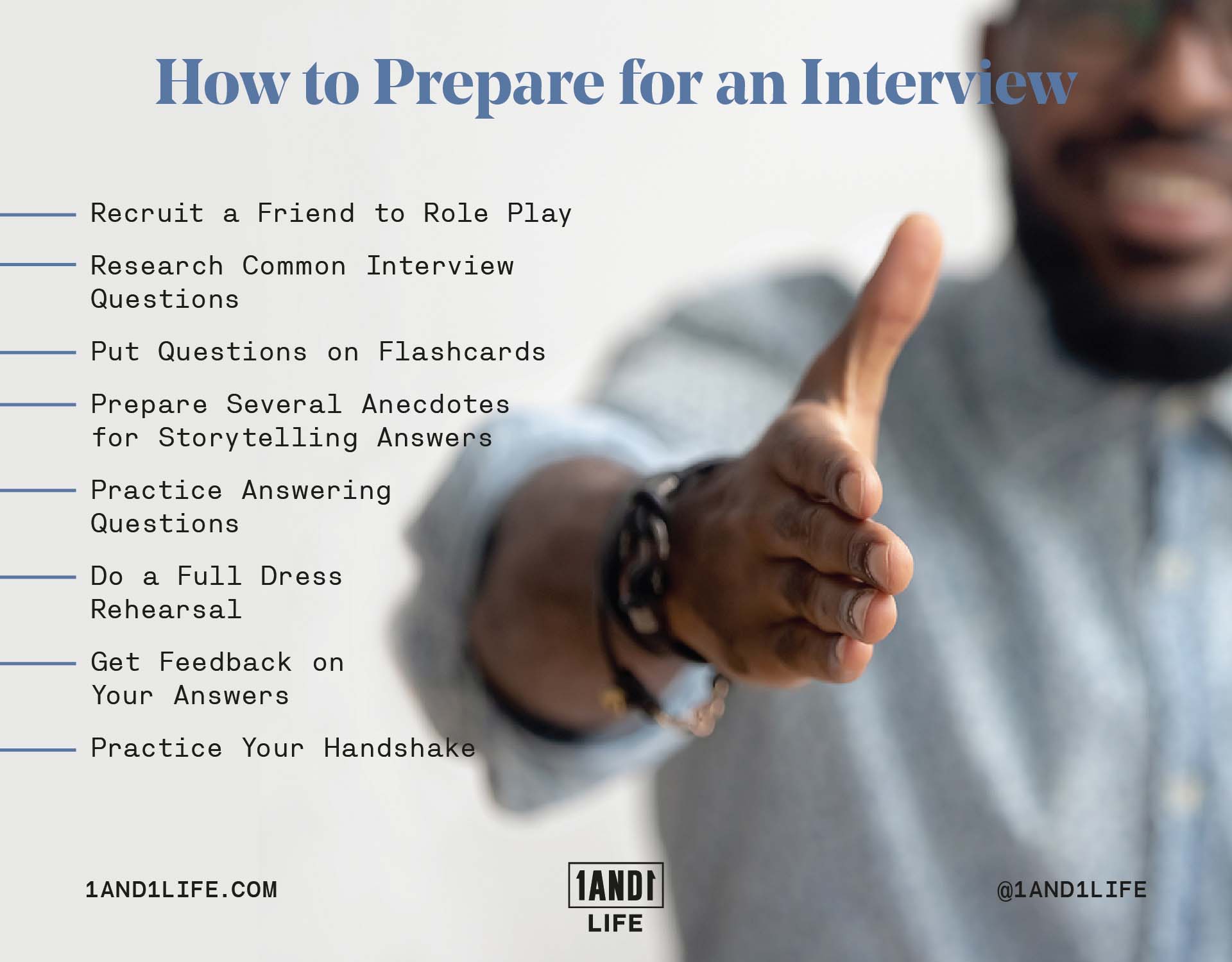 A list of tips on how to prepare for a job interview.